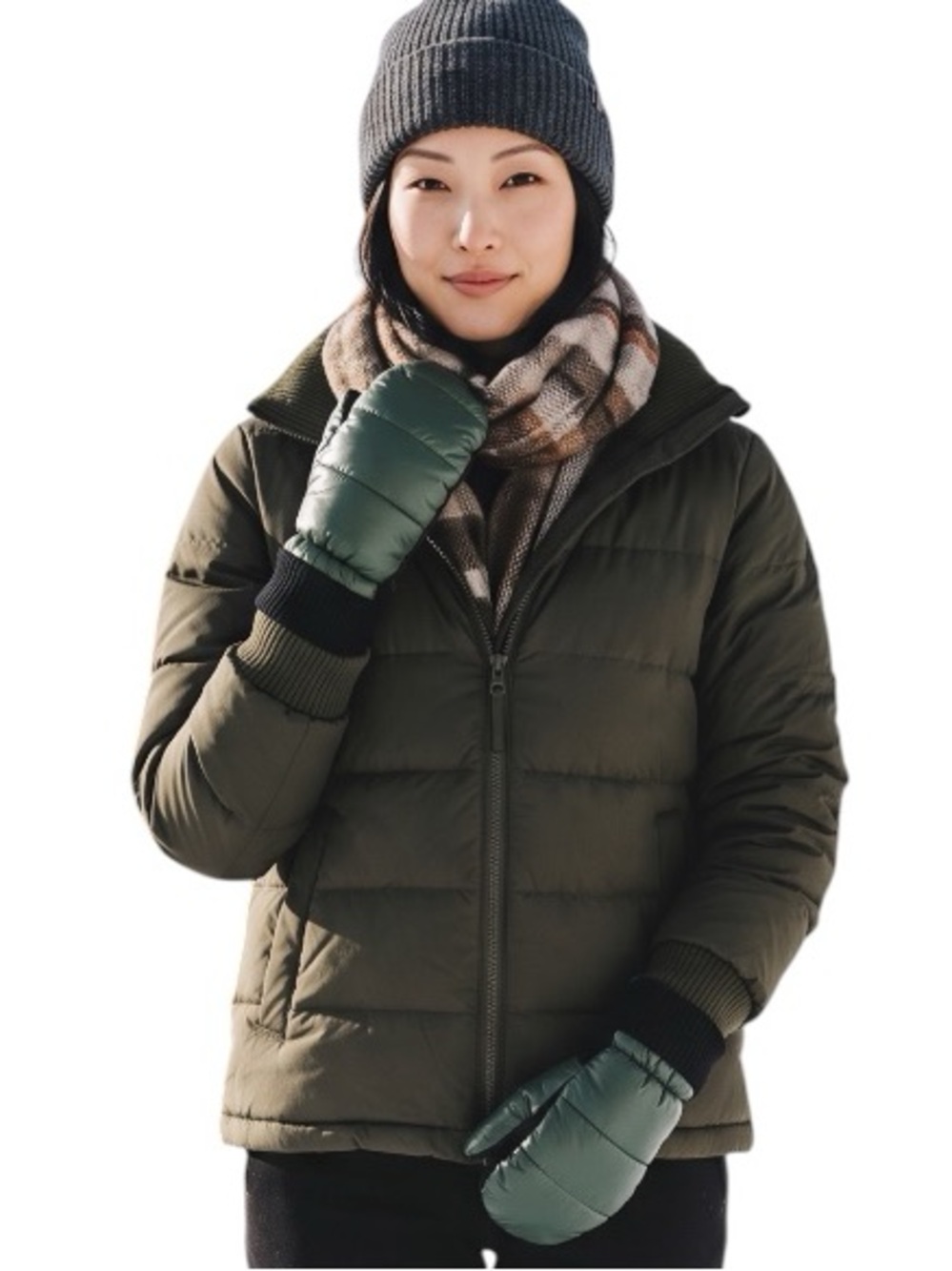 Hunter Intrepid Puffer Knit Color-Block Lined Mittens Green Black S/M NWT